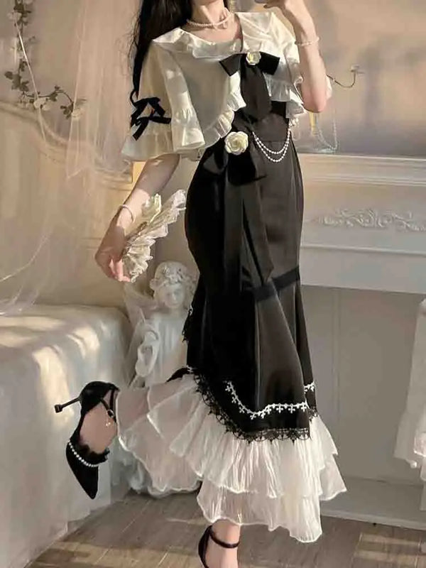 French Vintage Fairy Mermaid Dress Women Lace Midi Dress