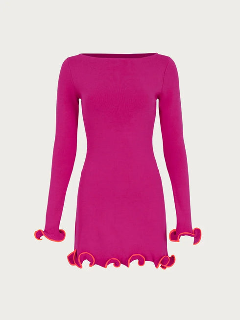 Women's Knit Mini Dress Ruffled Autumn High Waist Elegant Slim Party Dress Patchwork Knitwear