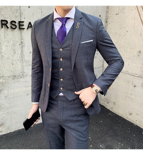 Slim Fit Men's Three Piece Suit with Vest and Trousers for Wedding