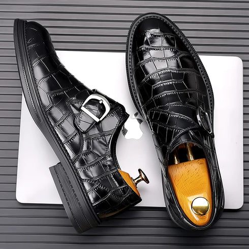 Formal Men's Loafers Handmade Leather Casual Footwear Driving Shoes with Metal Buckle