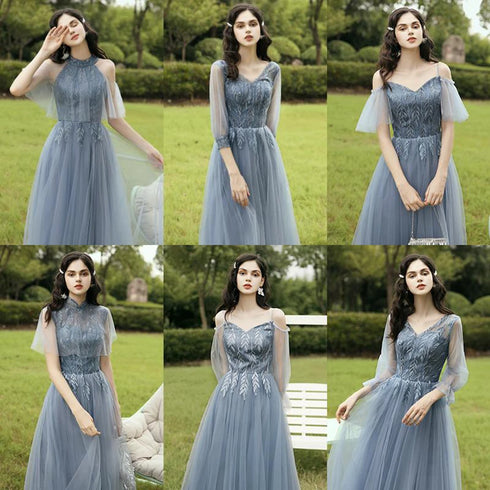 Elegant Off Shoulder Tulle A Line Dress Bridesmaid Dress With Appliques Lace Up Bridal Gown