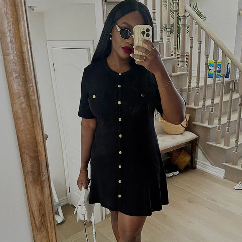 Elegant Knitted Mini Dress for Women Slim Fit Ribbed Knit with Metal Buttons Short Sleeve Holiday Party Dress