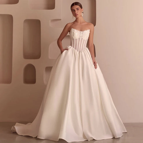 Elegant A-Line Wedding Dresses Strapless Appliques Satin Bridal Gowns