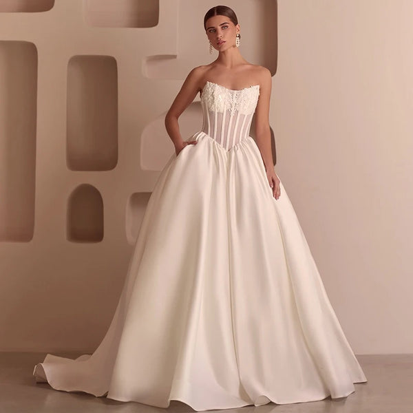 Elegant A-Line Wedding Dresses Strapless Appliques Satin Bridal Gowns