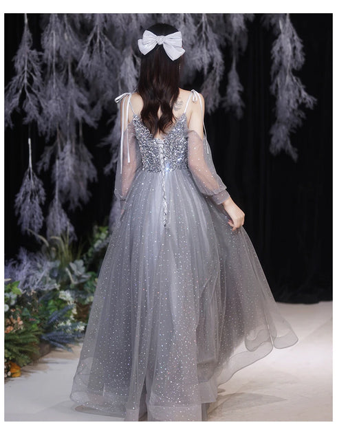 Off Shoulder Lace Illusion A Line Dress Floor Length Glitter Tulle Bow Bridesmaid Dress