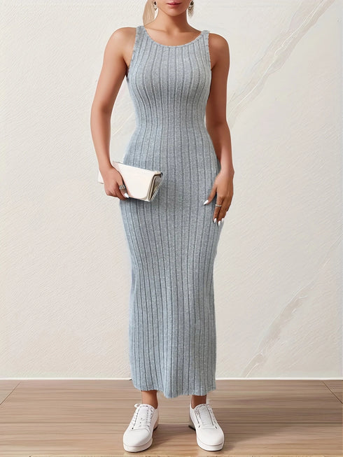 Solid Backless Tank Dress for Women - Summer Sleeveless Knitted Midi Dress