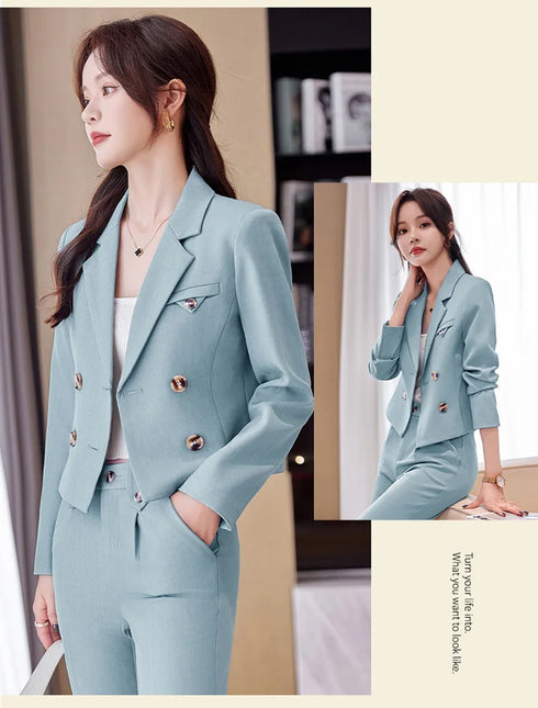 Chic Women's Office Suit Set: Long Sleeve Double Breasted Short Tops with Slim High Waisted Pencil Pants for Spring Fashion