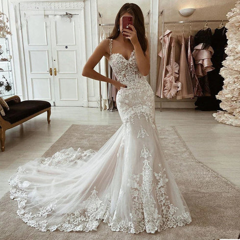 Ivory Mermaid Wedding Dresses Lace Appliques Tulle Gowns