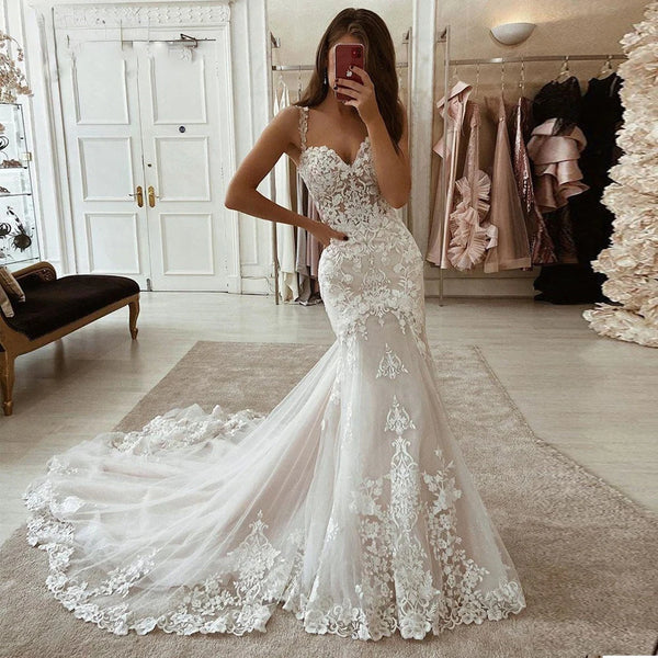 Ivory Mermaid Wedding Dresses Lace Appliques Tulle Gowns