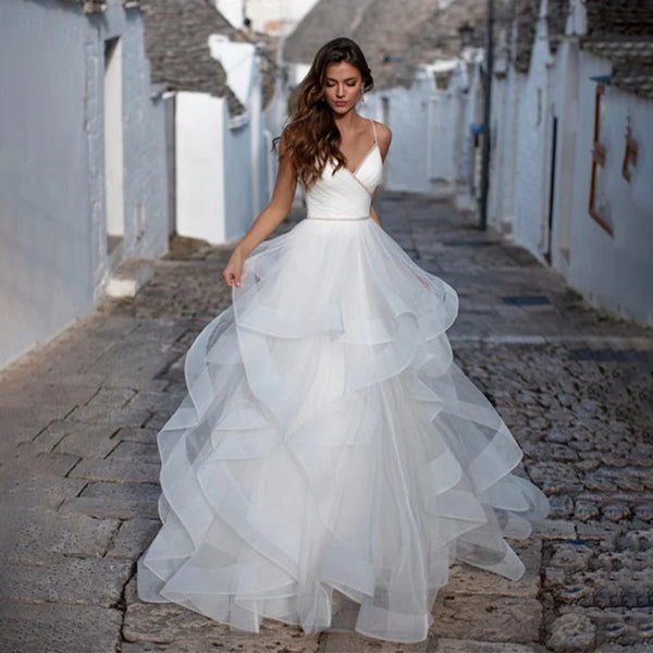 Beaded V-Neck Wedding Dress With Spaghetti Straps, Crystal Embellished Bridal Gown