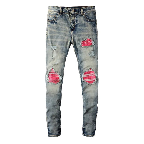 Men's Distressed Biker Jeans with Ripped Patchwork and Stretch Fit