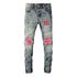 Men's Distressed Biker Jeans with Ripped Patchwork and Stretch Fit
