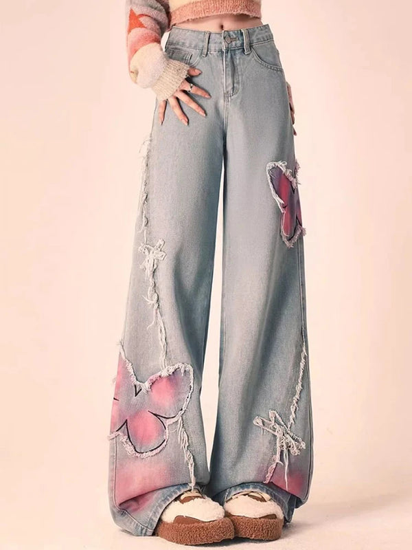 Jmprs Butterfly Embroidery Cute Jeans Women Vintage Design Denim Pants Wide Leg Trousers