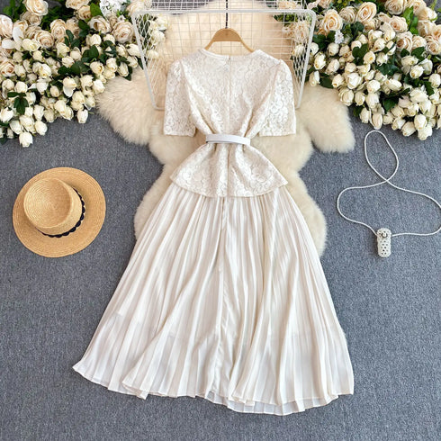 Runway Spring Pleated Chiffon Lace Party Long Dress Midi Dresses