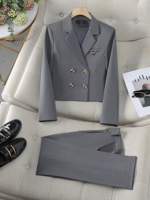 Chic Women's Office Suit Set: Long Sleeve Double Breasted Short Tops with Slim High Waisted Pencil Pants for Spring Fashion