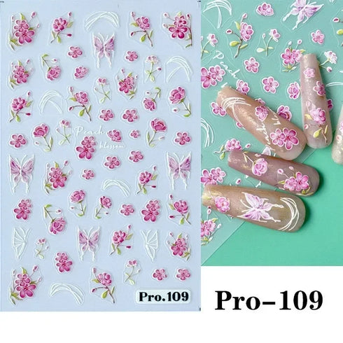 3D Nail Art Stickers with Daisy, Cherry Blossom, Petals, Leaves, and Butterflies for Spring and Summer Manicure Decoration Tips - Slider Style Nail Polish Accessories
