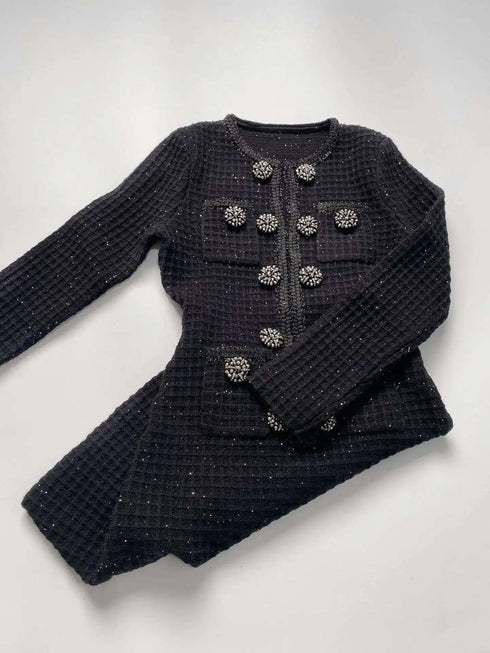 Luxury Autumn Double Breasted Beading Diamonds Mini Knit Dress for Women