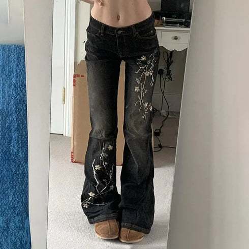 Floral Embroidery Vintage Low Rise Flared Jeans Women