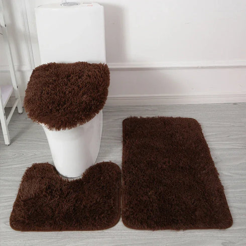 3 Piece Solid Color Bathroom Carpet Set Non-Slip Toilet Lid Cover Rugs Kit