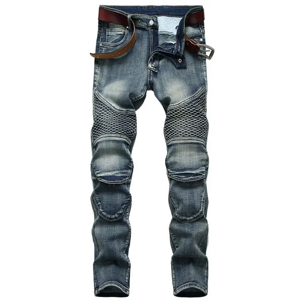 Men's Patchwork Vintage Biker Jeans Hip Hop Slim Straight Denim Pants Fashion Streetwear Trouser
