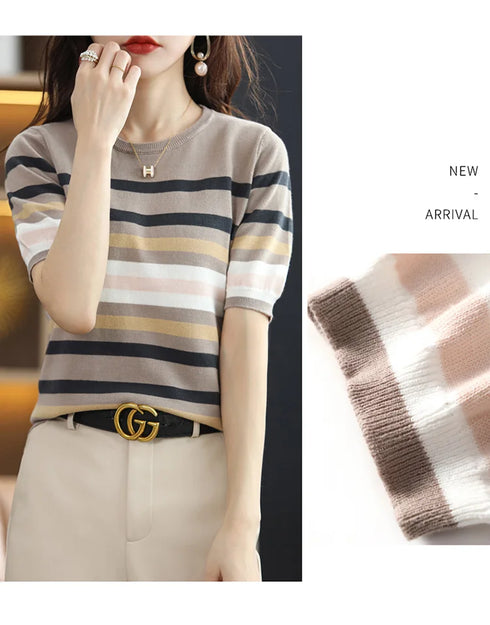 Summer Short Sleeve Women's O Neck Slim Cotton Striped Pullover Knit Sweater Top