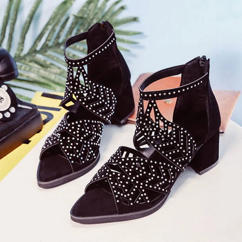 Rhinestone Faux Leather Hollow Out Thick Heel Sandals