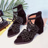 Rhinestone Faux Leather Hollow Out Thick Heel Sandals