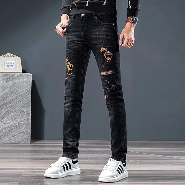 Black Slim Fit Jeans for Men Embroidered Flower Badge Denim Pants