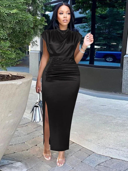 Women Dress Pleated Long Elegant Slit High Collar Maxi Gowns Party