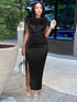 Women Dress Pleated Long Elegant Slit High Collar Maxi Gowns Party