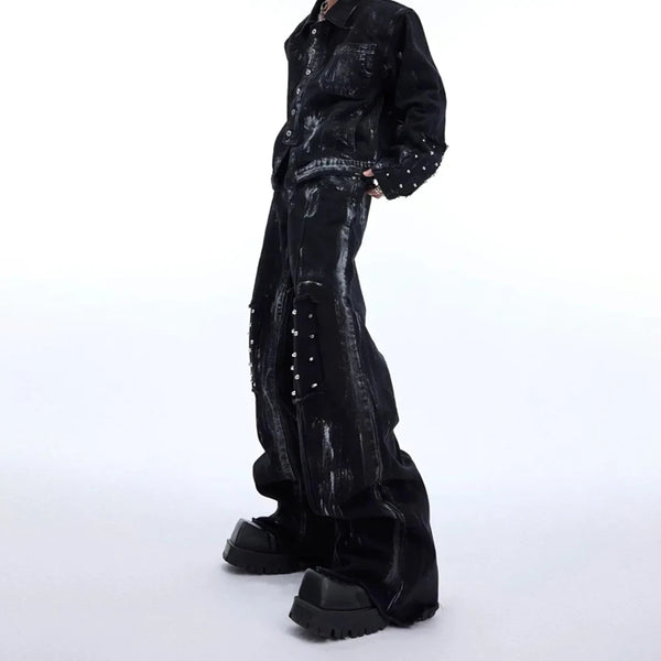 Mens Jeans Washed Contrast Color Rivet Casual Pant Autumn Streetwear Flared Trousers