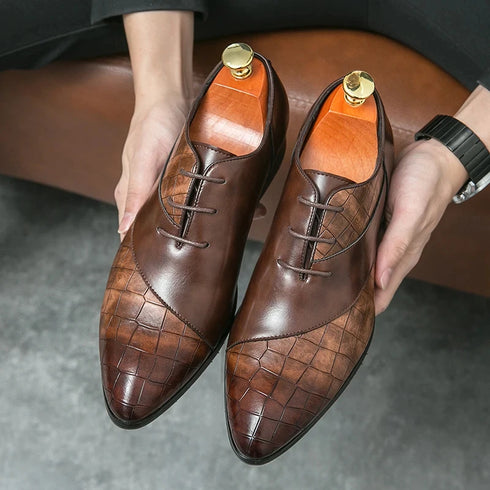 Luxury Handmade Crocodile Skin Derby Shoes for Men - Pointed Toe Lace-up Formal Business Footwear for Office & Career