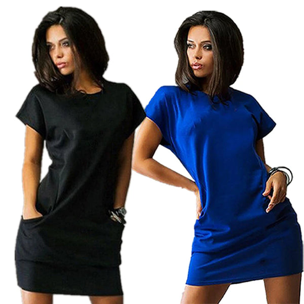 Fashion Mini Dress Summer Casual Short Sleeve Pure Color Dress