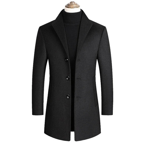 Customizable Casual Warm Winter Wool Coat for Men - Thick Solid Color Double Breasted Outerwear with Turn-down Collar and Full Sleeve Design