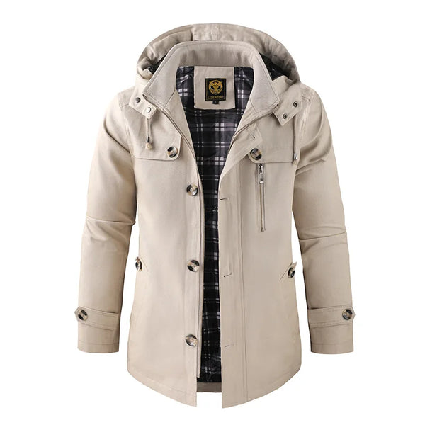 Stylish Hooded Casual Trench Coat for Men - Long Cotton Jacket with Detachable Hood, Perfect for Spring and Autumn, Available up to Size 5XL